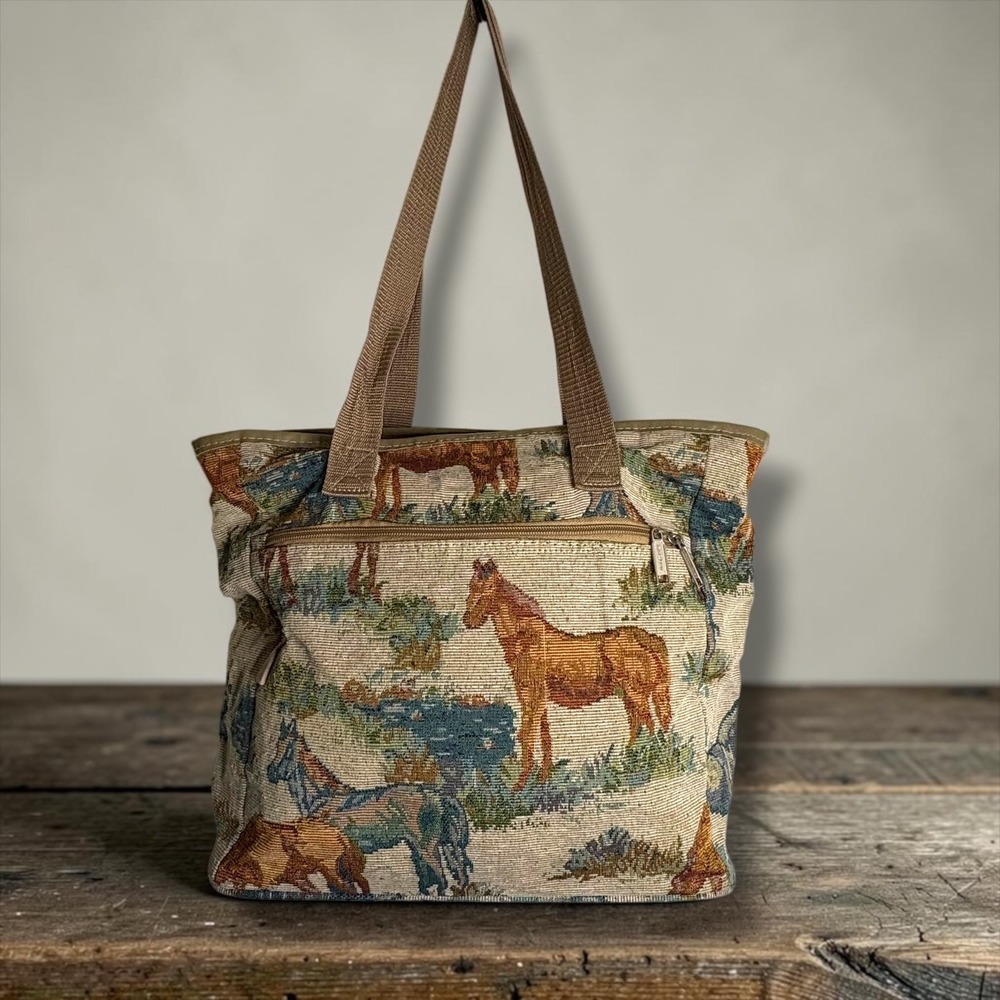Karri-Mate Woven Tapestry Horse Scenic Tote Bag Brown Beige Equine Shoulder Bag